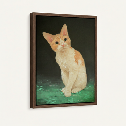 Orange kitten portrait canvas in dark walnut floating frame shown at 3/4 angle on white background