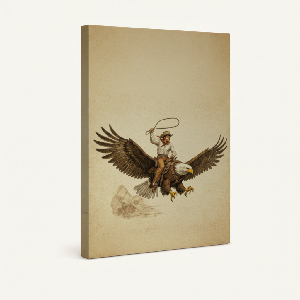 Vintage western cowboy riding eagle stretched canvas print – unframed retro illustration with cowboy on eagle in sepia line art on cream ground by Aurewall