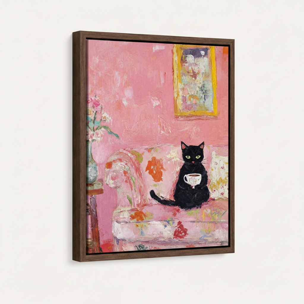 Black cat teacup impressionist painting in dark walnut float frame, angled product view on white background
