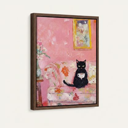 Black cat teacup impressionist painting in dark walnut float frame, angled product view on white background
