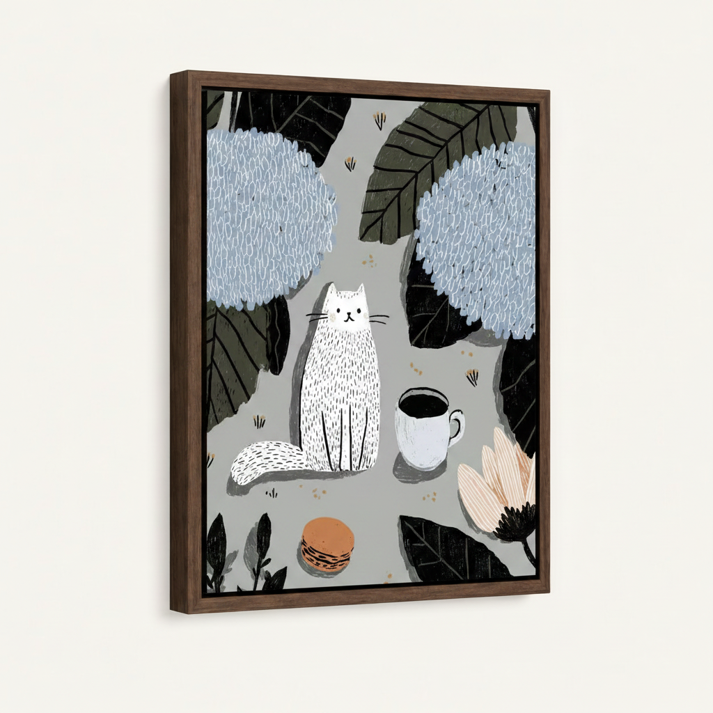  Floating frame botanical cat canvas wall art with hydrangea illustration, three-quarter product view