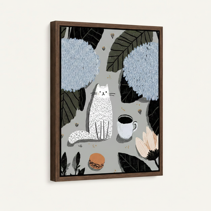  Floating frame botanical cat canvas wall art with hydrangea illustration, three-quarter product view