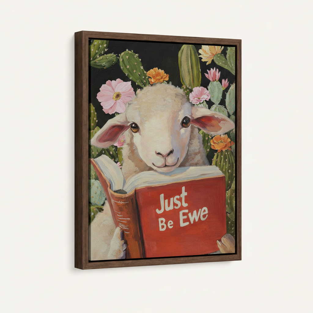 Framed canvas print of whimsical lamb with book in dark walnut float frame, front product view