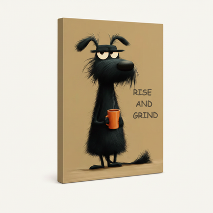 Stretched canvas wall art featuring funny dog with coffee, side view on white background