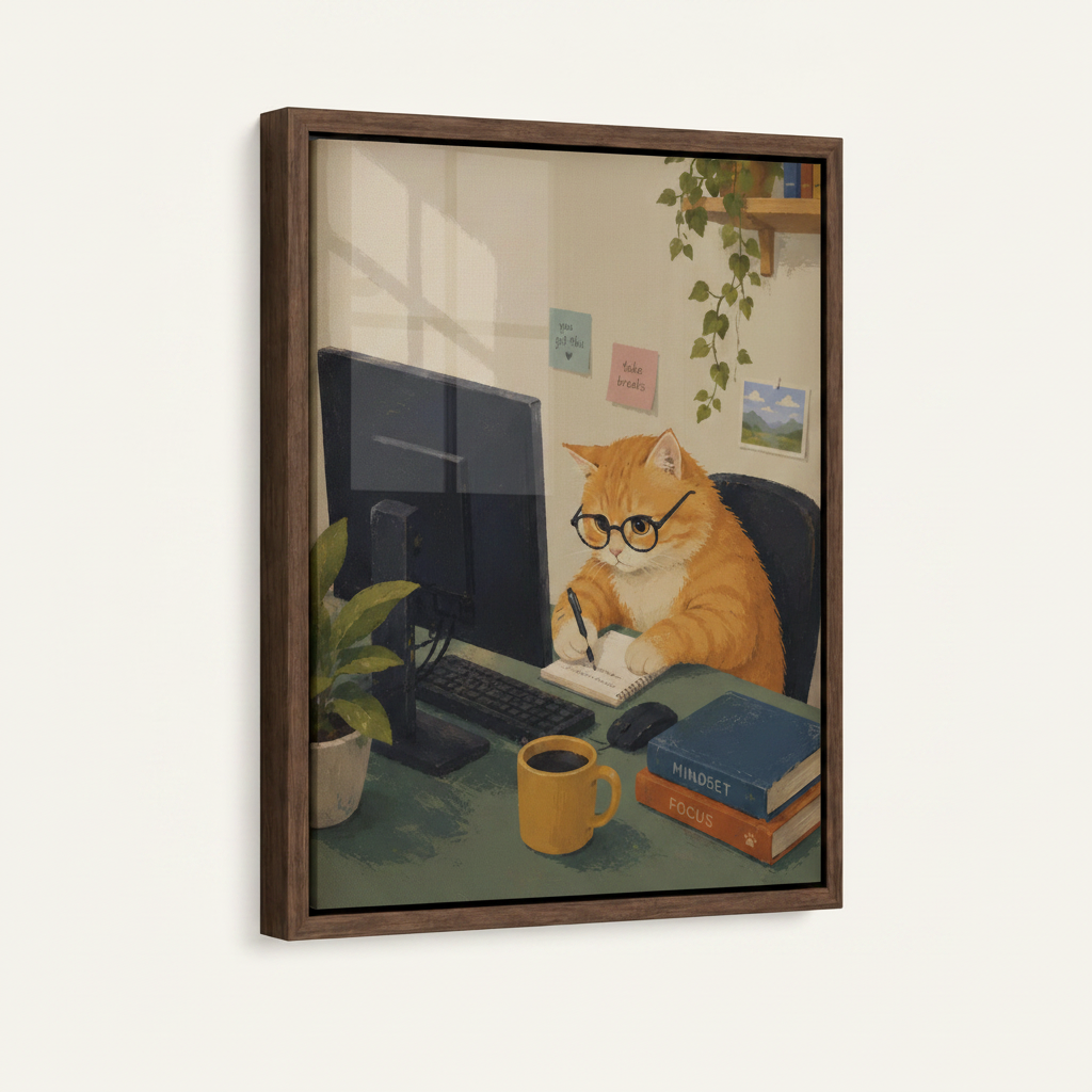 Framed office cat illustration canvas with dark walnut frame mounted on off-white wall