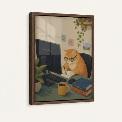 Framed office cat illustration canvas with dark walnut frame mounted on off-white wall