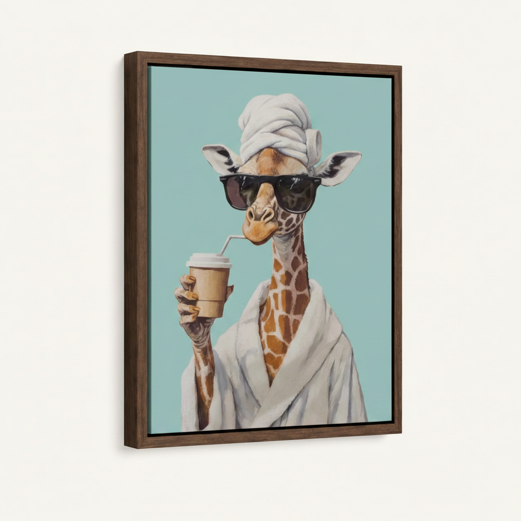 Framed canvas wall art featuring whimsical giraffe illustration with dark walnut float frame