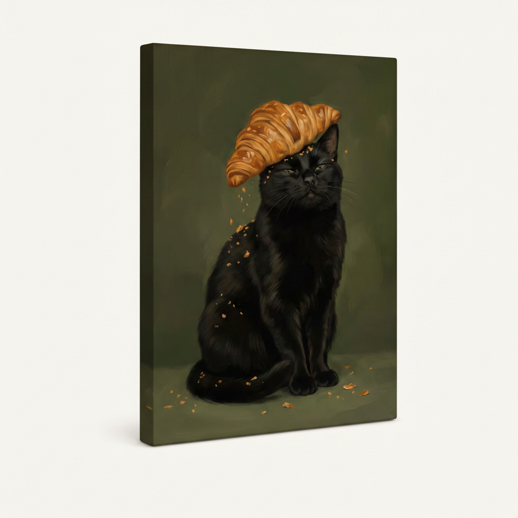 Gallery wrapped black cat croissant hat canvas art, frameless stretched canvas side view