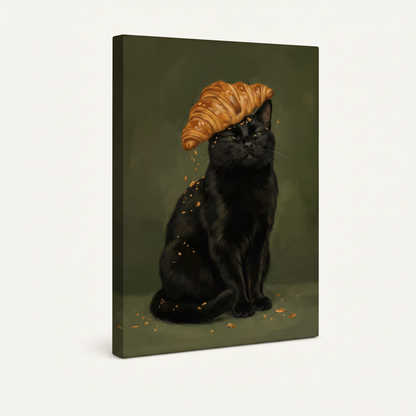 Gallery wrapped black cat croissant hat canvas art, frameless stretched canvas side view