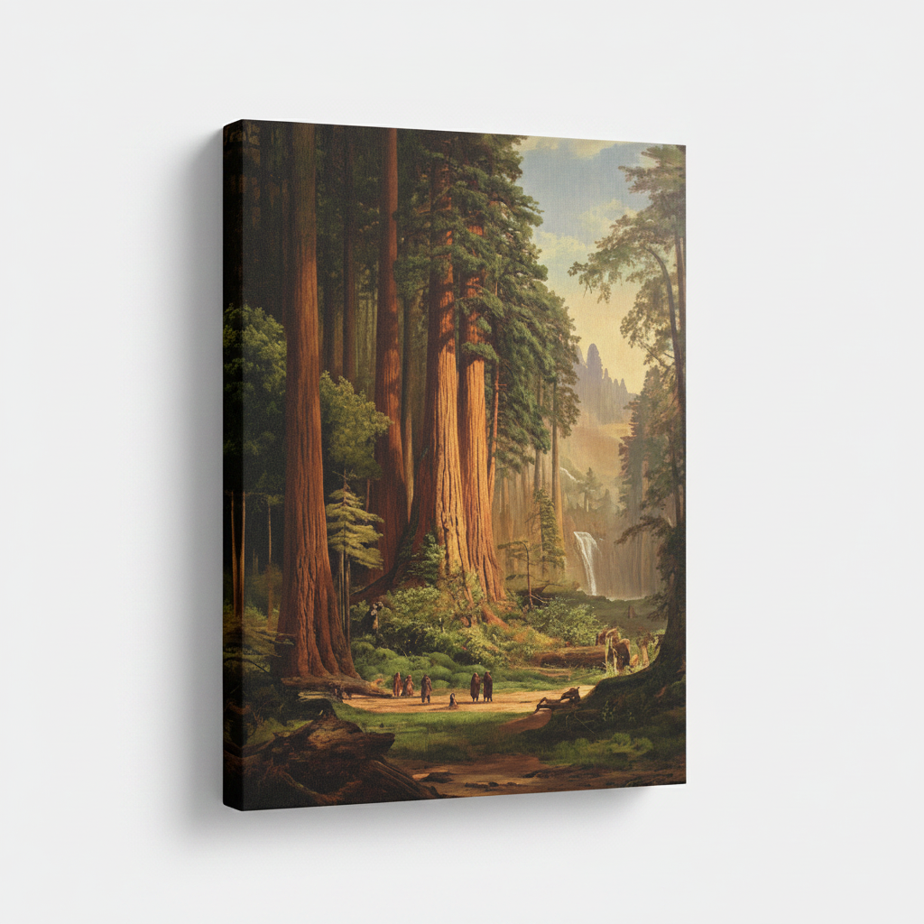 Classic redwood forest stretched canvas print – unframed Hudson River School nature painting with figures among giant ancient trees by Aurewall