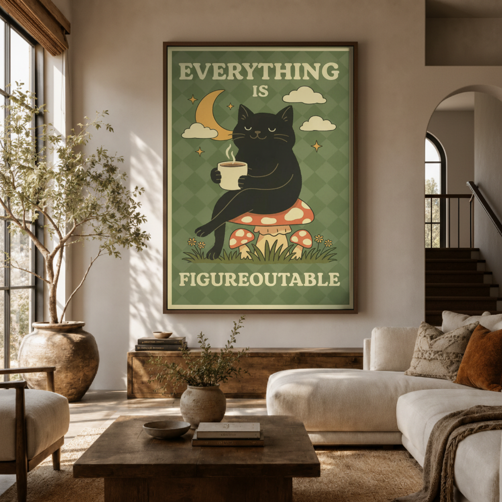 Black cat mushroom motivational canvas wall art in living room – retro boho poster with black cat and Everything Is Figureoutable quote displayed above sofa by Aurewall