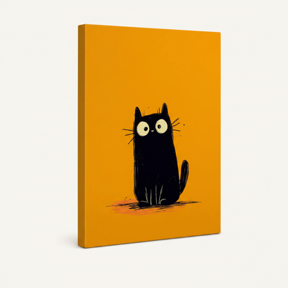 Stretched canvas black cat wall art with orange background displayed at an angle on white background