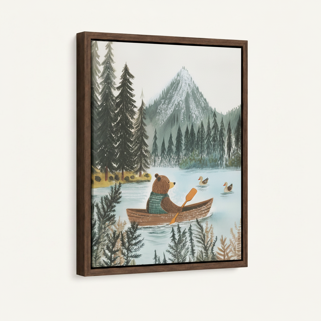 Framed woodland bear wall art with dark walnut float frame, nursery canvas print detail