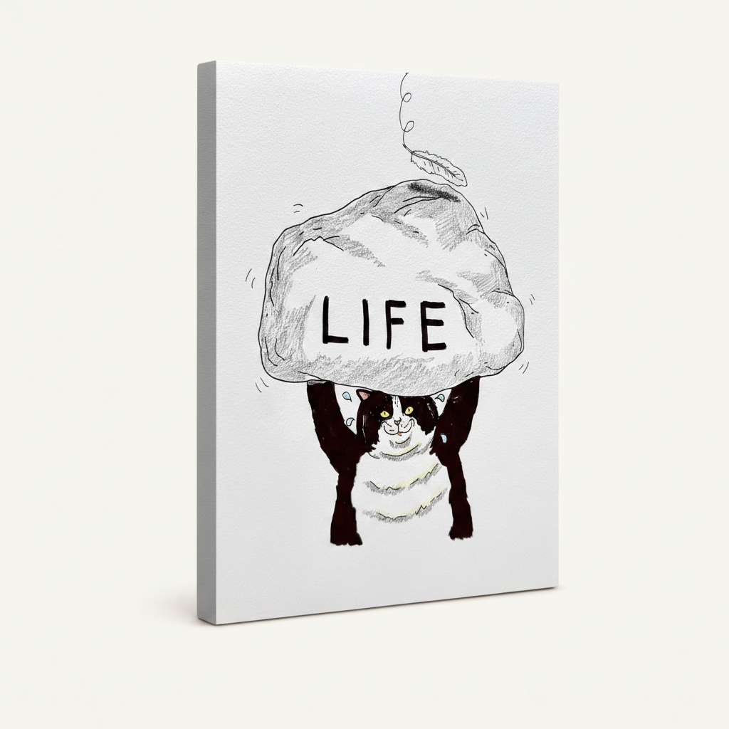 Tuxedo cat holding boulder illustration on gallery-wrapped canvas, side angle view
