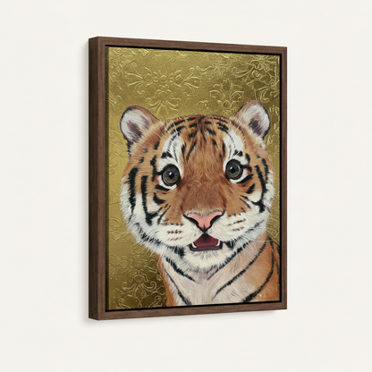 Framed canvas print of tiger cub with gold damask background in dark walnut float frame, front product angle