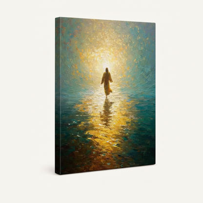  Gallery wrap canvas of Jesus walking on water with teal and gold impasto brushwork, frameless angled view