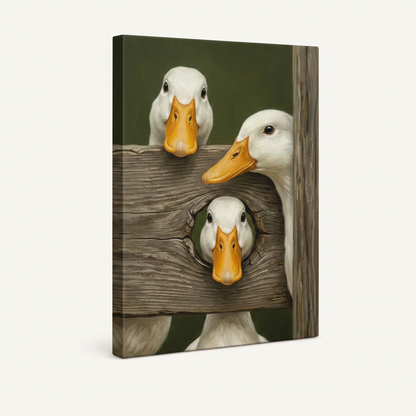 Gallery-wrapped funny duck peeking fence canvas, frameless stretched canvas product photography on white background