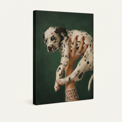 Gallery wrapped canvas featuring glamorous hand holding Dalmatian puppy on deep green background