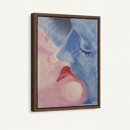 Abstract romantic couple canvas in dark walnut float frame with uniform black gap reveal, angled product view