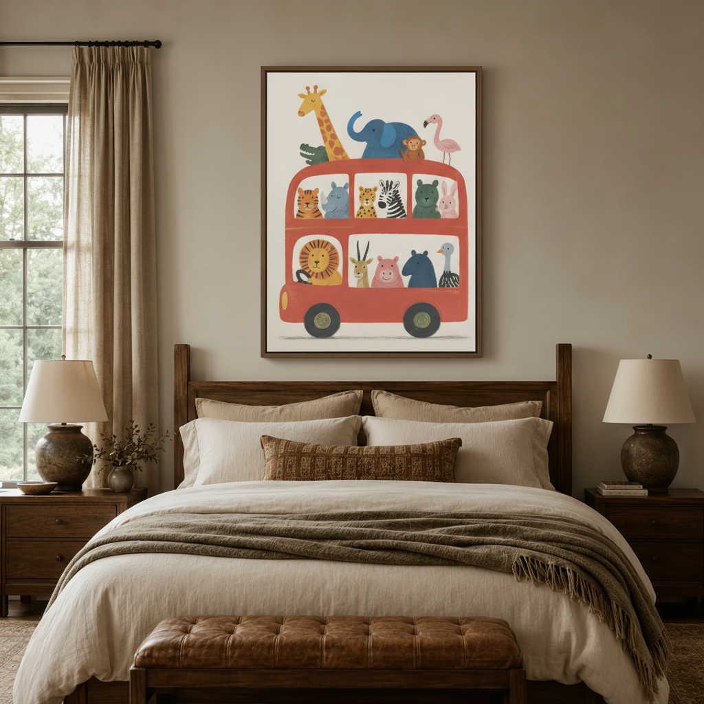  Framed safari animal bus kids wall art hanging above bed in warm neutral master bedroom