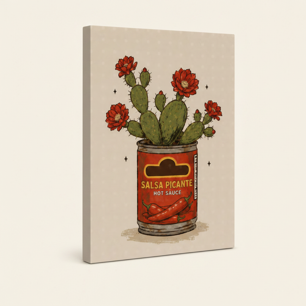 Gallery wrap Salsa Picante cactus canvas with clean painted edges on off-white background