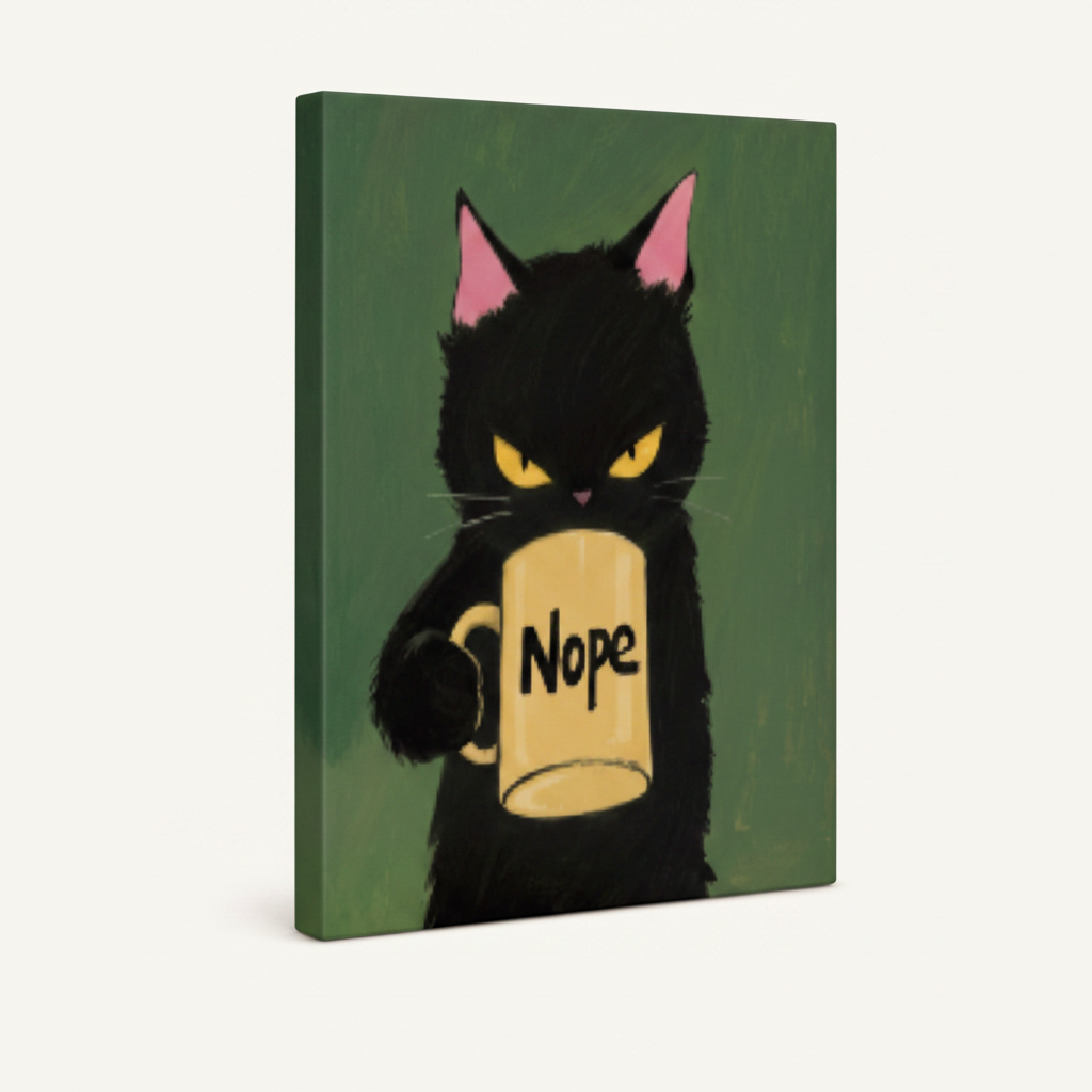 Gallery wrapped stretched canvas of grumpy black cat with Nope mug, frameless product shot on white