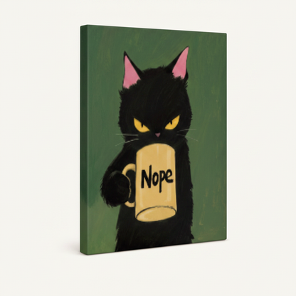 Gallery wrapped stretched canvas of grumpy black cat with Nope mug, frameless product shot on white