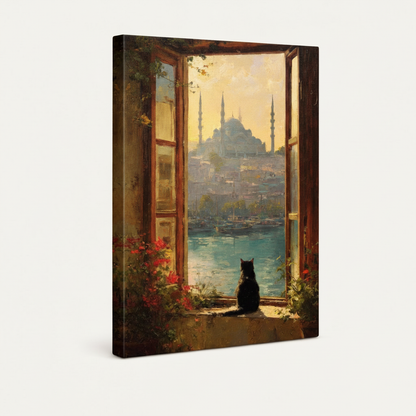 Gallery wrap canvas of black cat overlooking Istanbul at golden hour, frameless side view