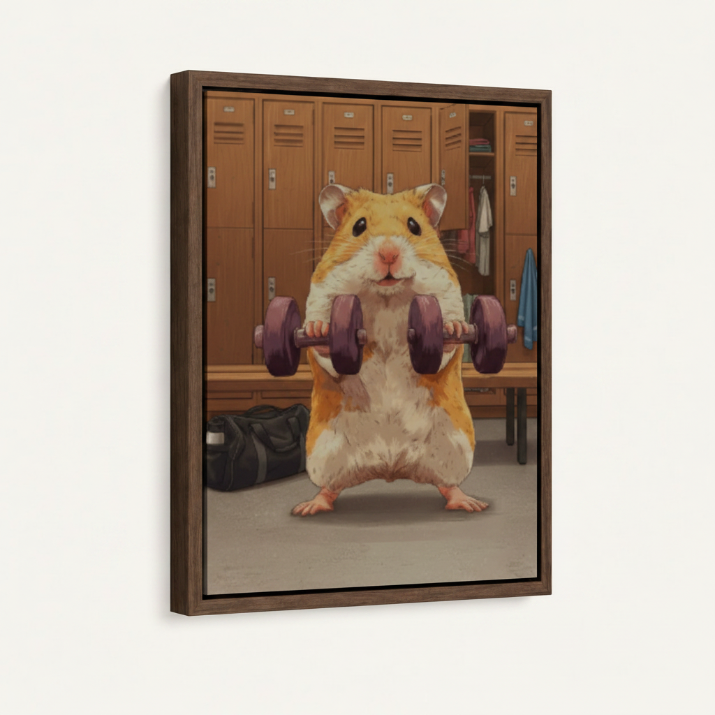 Hamster lifting weights in dark walnut float frame, front-facing product photography