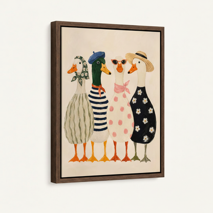 Framed canvas whimsical duck wall art with dark walnut float frame, product detail view