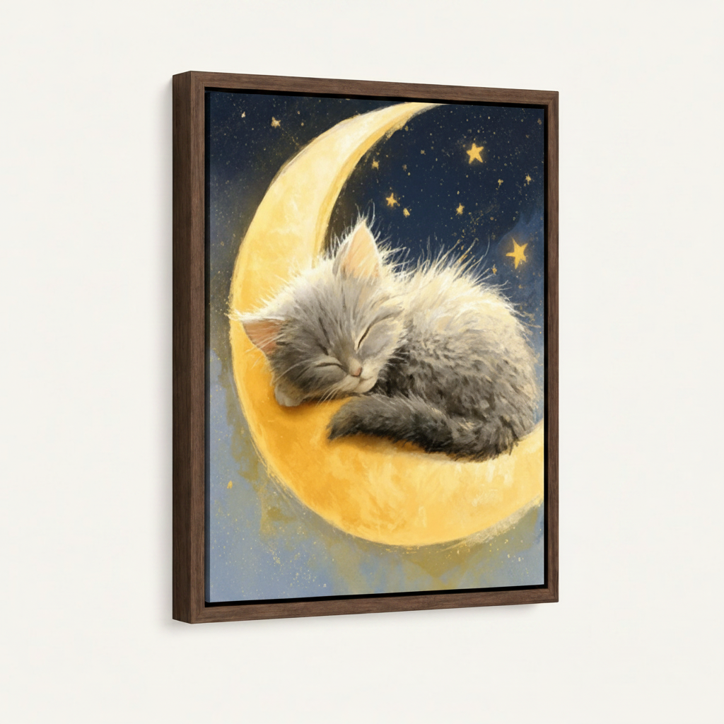 Cat sleeping on moon dreamy canvas in dark walnut float frame on white background product mockup