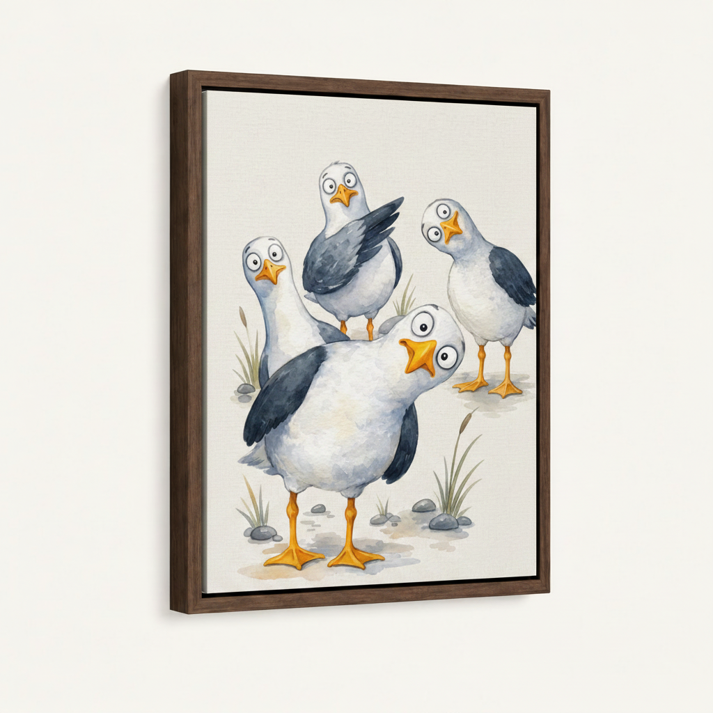 Floating frame funny seagull canvas wall art with off-white background, three-quarter product view