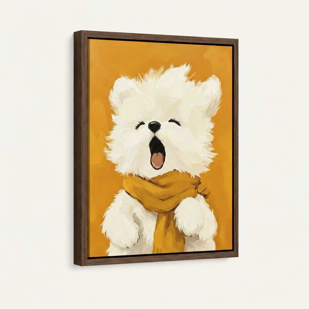 Framed yawning dog oil painting canvas with dark walnut frame mounted on off-white wall