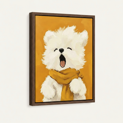 Framed yawning dog oil painting canvas with dark walnut frame mounted on off-white wall