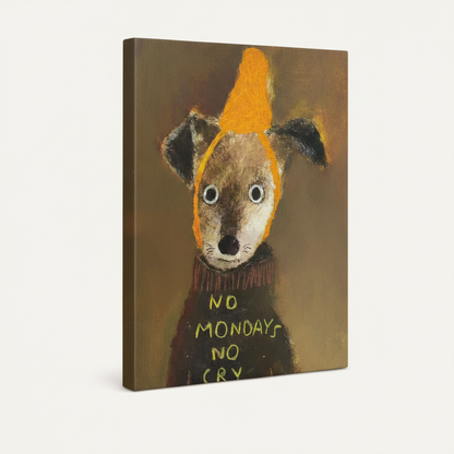 Gallery wrap canvas of brown dog in orange knit hat with "No Mondays No Cry" text, frameless angled view