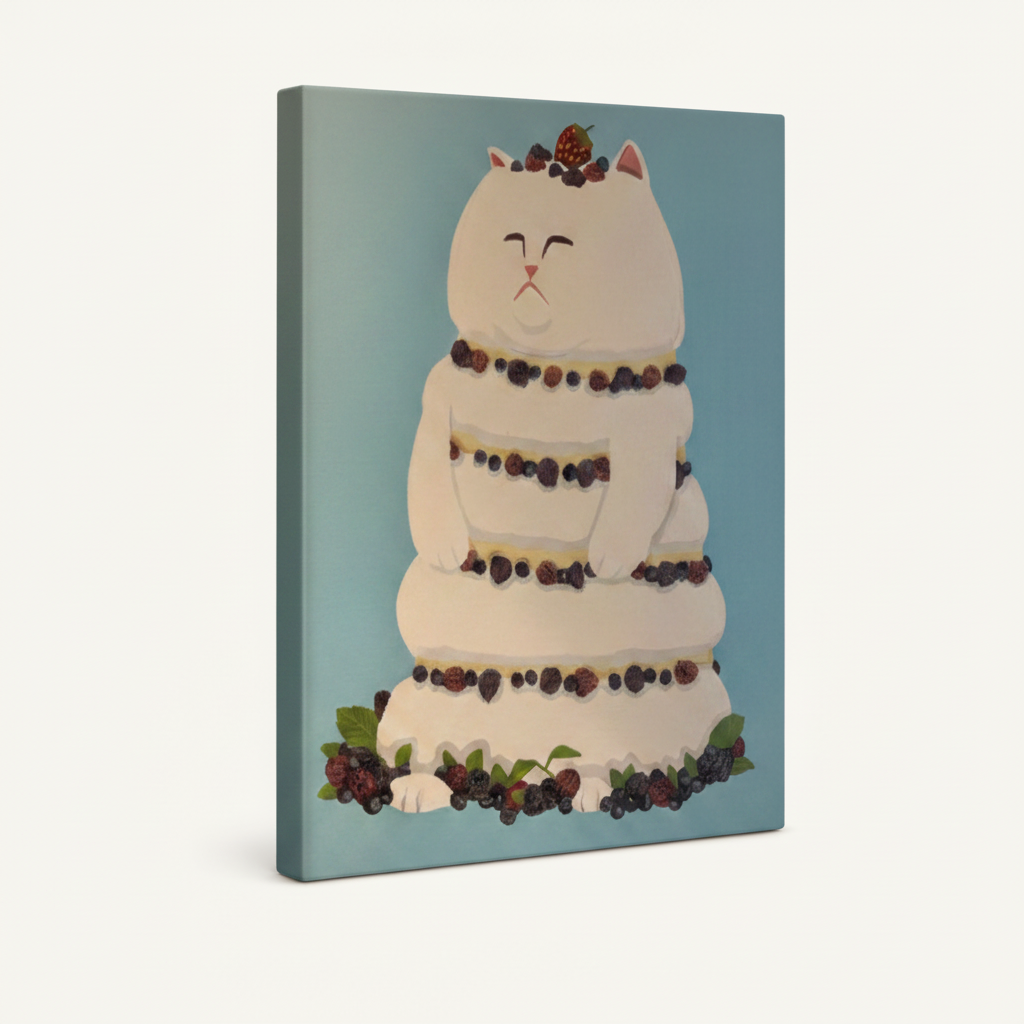 Gallery-wrapped cat cake canvas showing teal-blue artwork and wrapped sides, white background