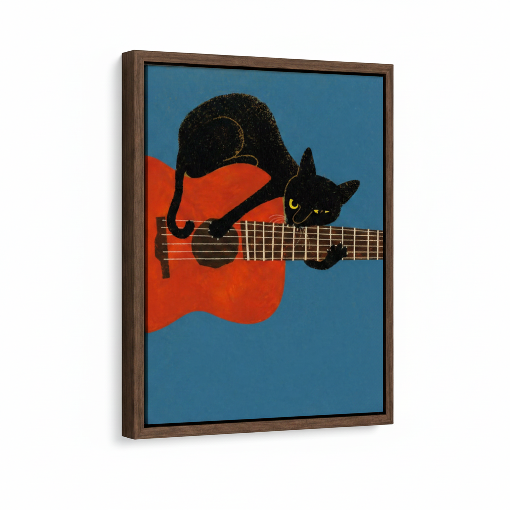 Floating frame canvas wall art print with black cat guitar design, 3/4 product view