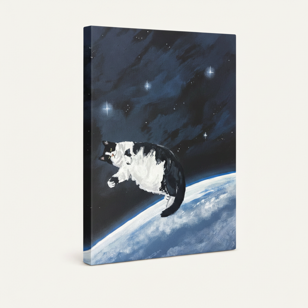 Stretched canvas wrap with acrylic-style space cat and Earth illustration, 3/4 angle view on white background