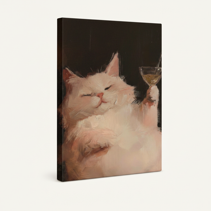 Gallery-wrapped chubby cat martini canvas, frameless stretched canvas product photography on white background