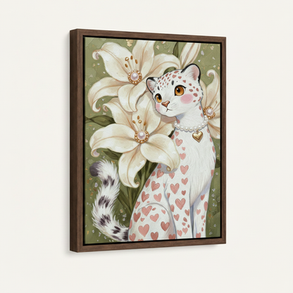 Heart leopard pearl necklace oil painting in dark walnut float frame, 3/4 angle on off-white background
