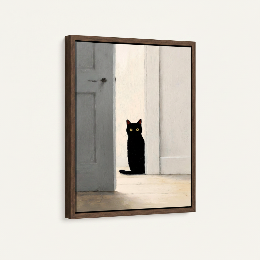 Framed black cat canvas print with dark walnut float frame, moody minimalist cat wall art detail