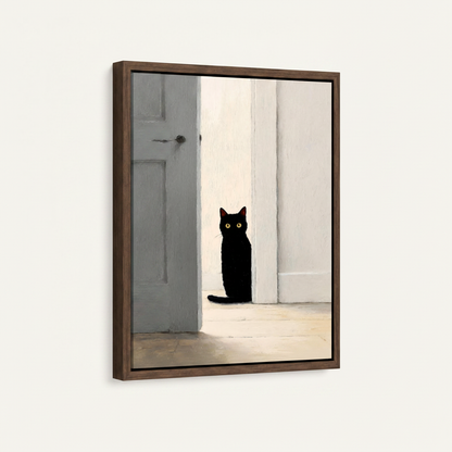 Framed black cat canvas print with dark walnut float frame, moody minimalist cat wall art detail