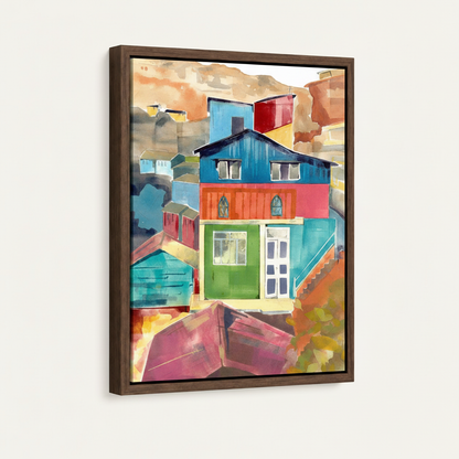 Dark walnut float frame canvas art featuring bold watercolor architecture painting product shot