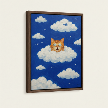 Framed impasto canvas print with dark walnut frame featuring shocked cat in blue sky cloud art