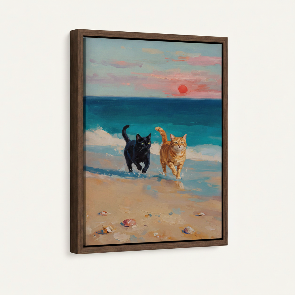 Two cats on beach at sunset in dark walnut float frame, front-facing product shot