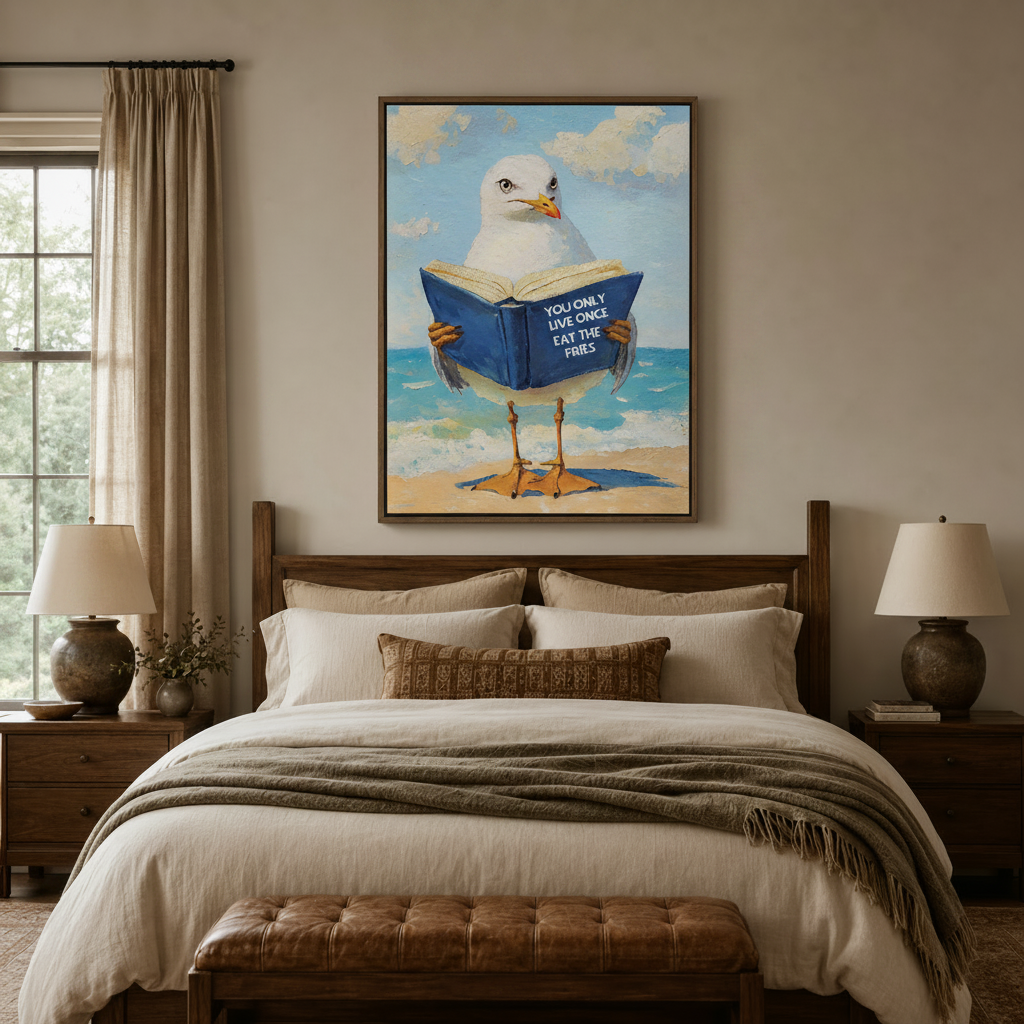 Coastal seagull canvas print above bed in cozy bedroom with warm neutral tones