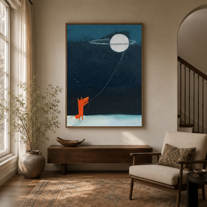 Fox moon Nordic canvas wall art in entryway – minimalist night illustration with orange fox and full moon as poetic hallway piece by Aurewall