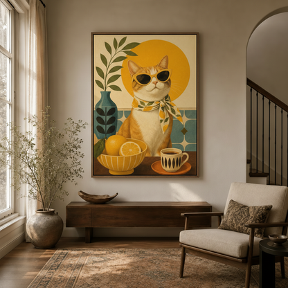 Framed cool cat canvas art hanging in cozy entryway with arched doorway