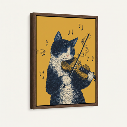 Float frame canvas mockup of tuxedo cat violin illustration on golden yellow background