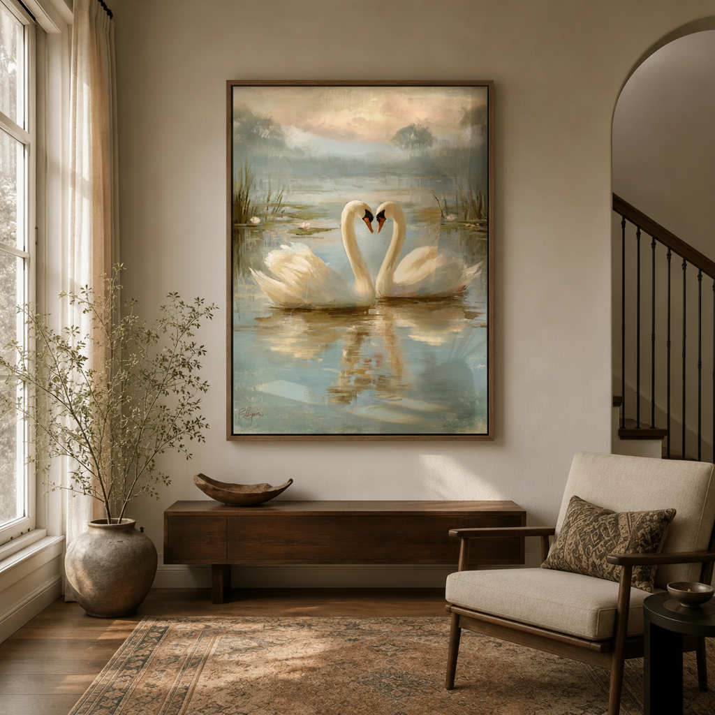 Classical swan lake canvas wall art with floating frame in elegant home entryway